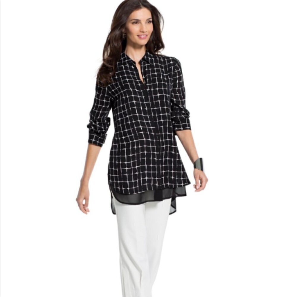 Chico's Black Label Grid Pattern Tunic Top Sz 0‎ (S/4) #353E
